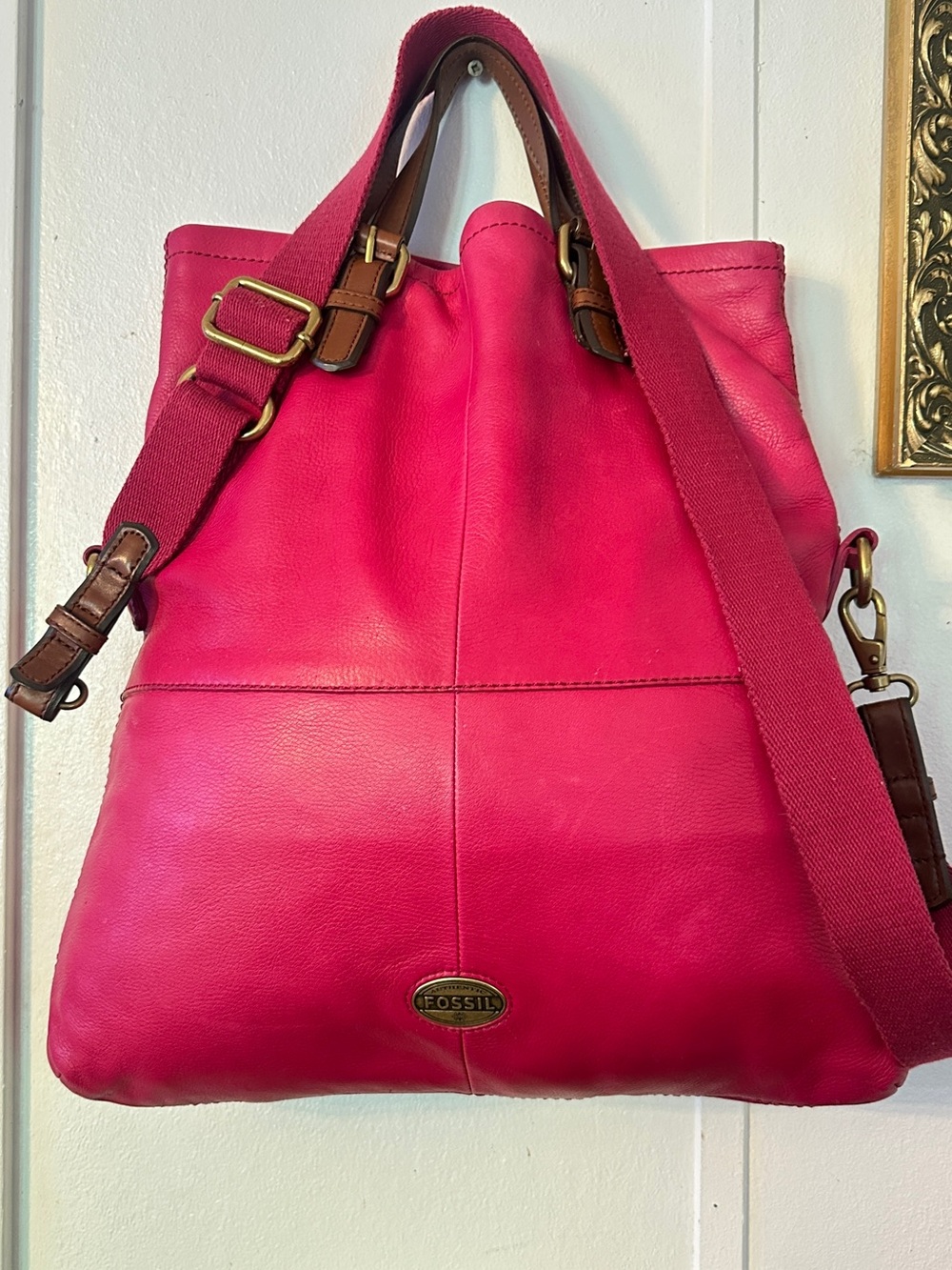 Fossil Women's Bright Pink Leather Shoulder Tote with Adjustable Strap